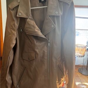 DKNY Taupe Faux Leather Moto Jacket